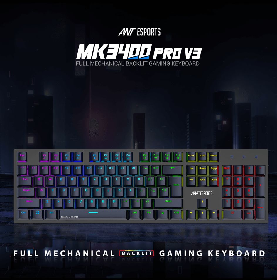 Ant Esports MK3400 V3 Pro Mechanical Gaming Keyboard RGB LED 104 Keys Blue Switch Anti Ghosting Full Size Wired USB PC Keyboard Removable Double Shot Keycaps Ergonomic for PC, Laptop and Mac (Black)